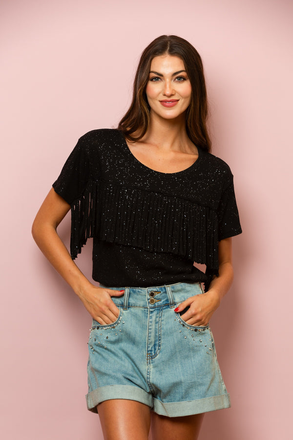 100% Linen T-Shirt with Fringe W/ Sparkles In Black