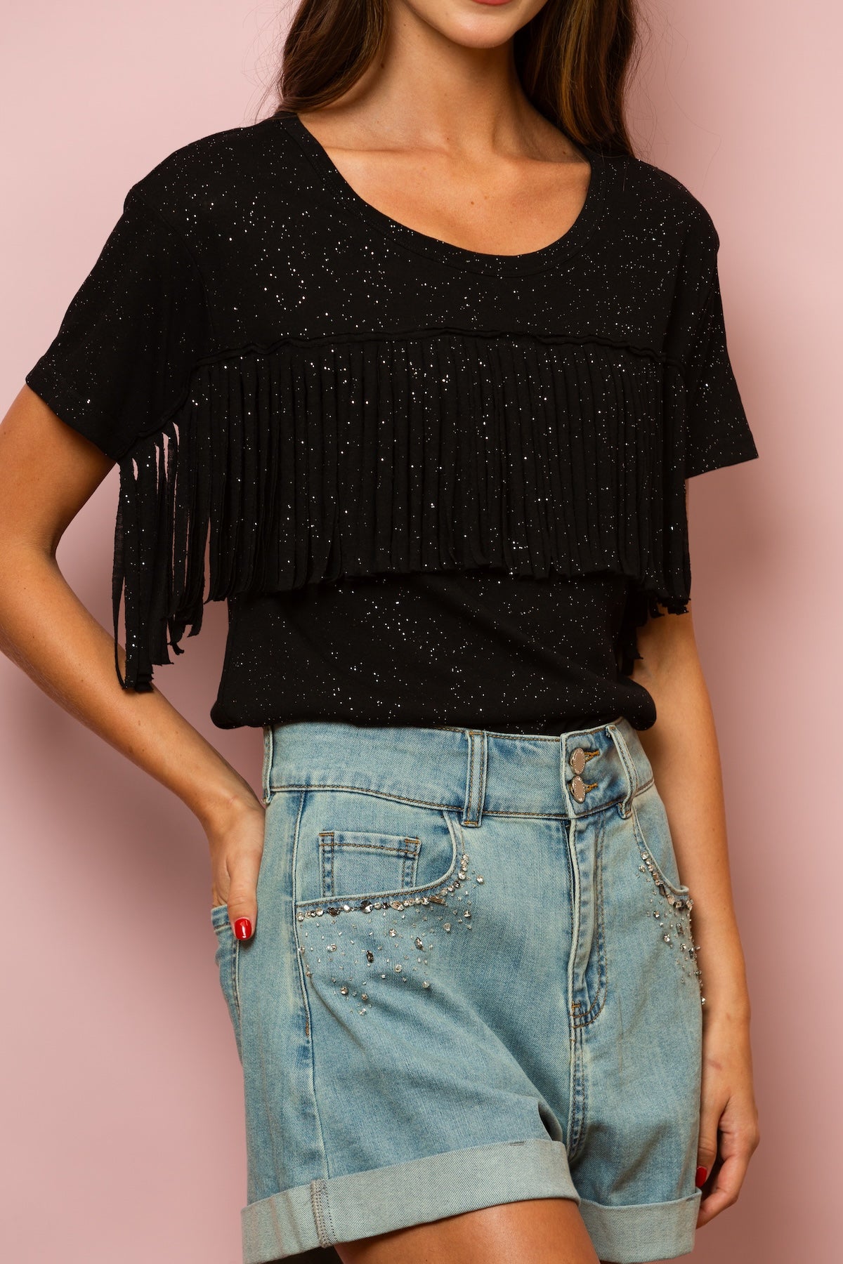 100% Linen T-Shirt with Fringe W/ Sparkles In Black