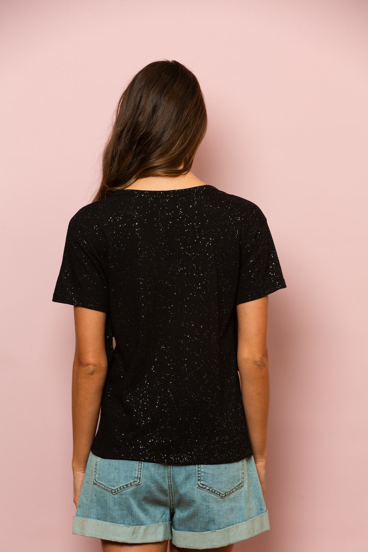 100% Linen T-Shirt with Fringe W/ Sparkles In Black