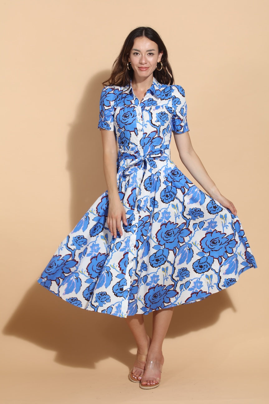 blue and white floral shirt dress Alex Shirt Dress Blue Tulip Print