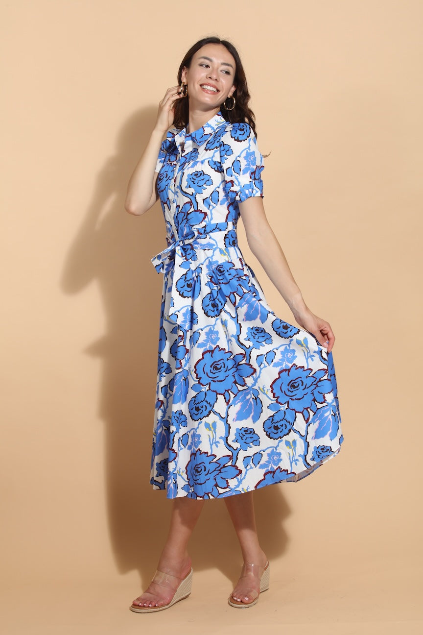 blue shirt dress with flowers Tie Waist Shirtdress - Whimsical Floral