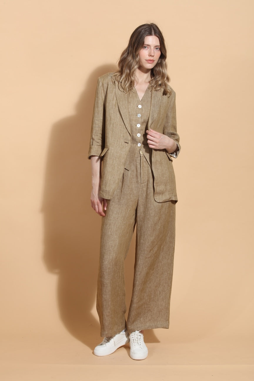 Ecru Linen Twill Jacket with 3/4 Sleeves – Jessie Liu Collection