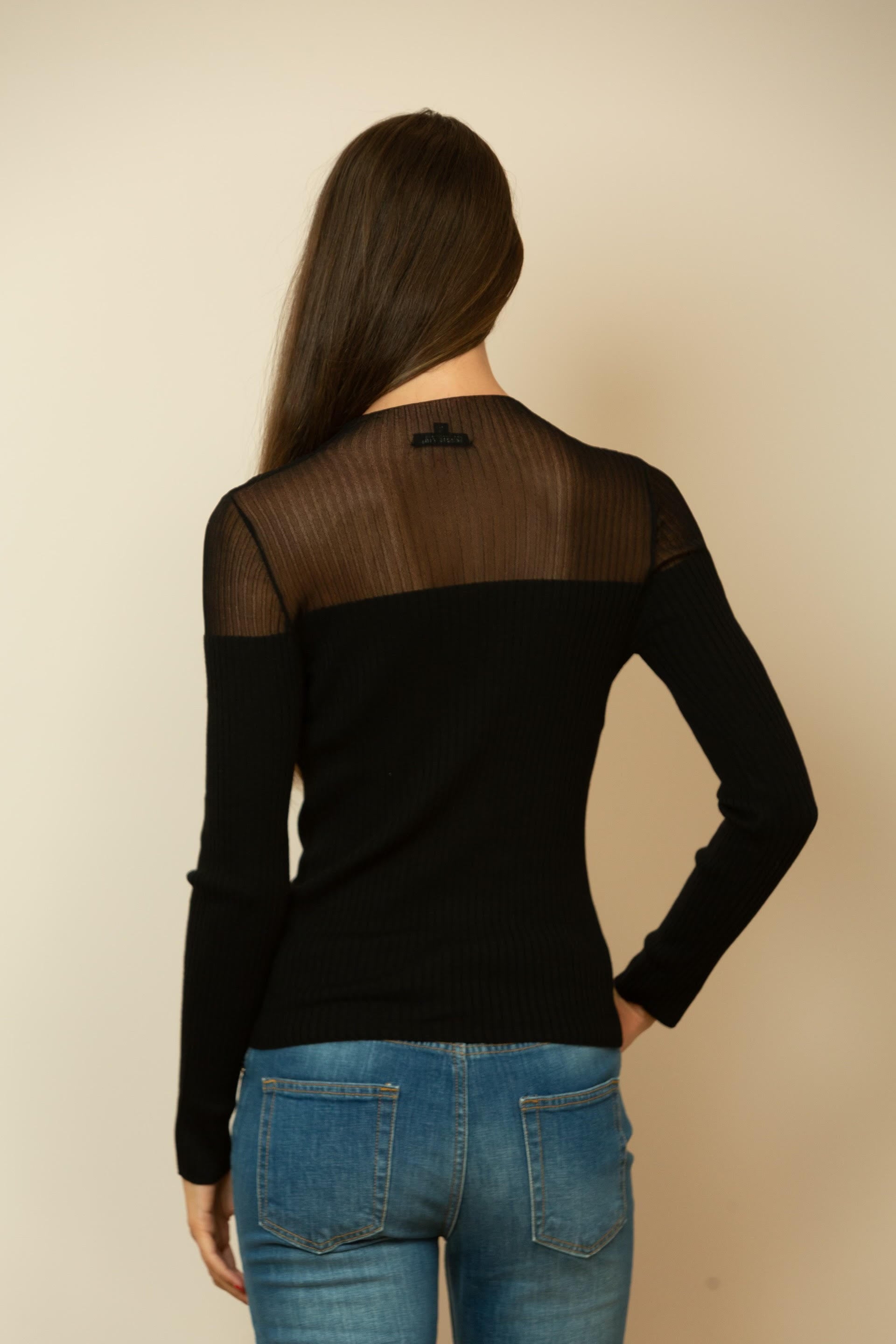 Jocelyn Cashmere Blended Ribbed Top with Sheer Yoke