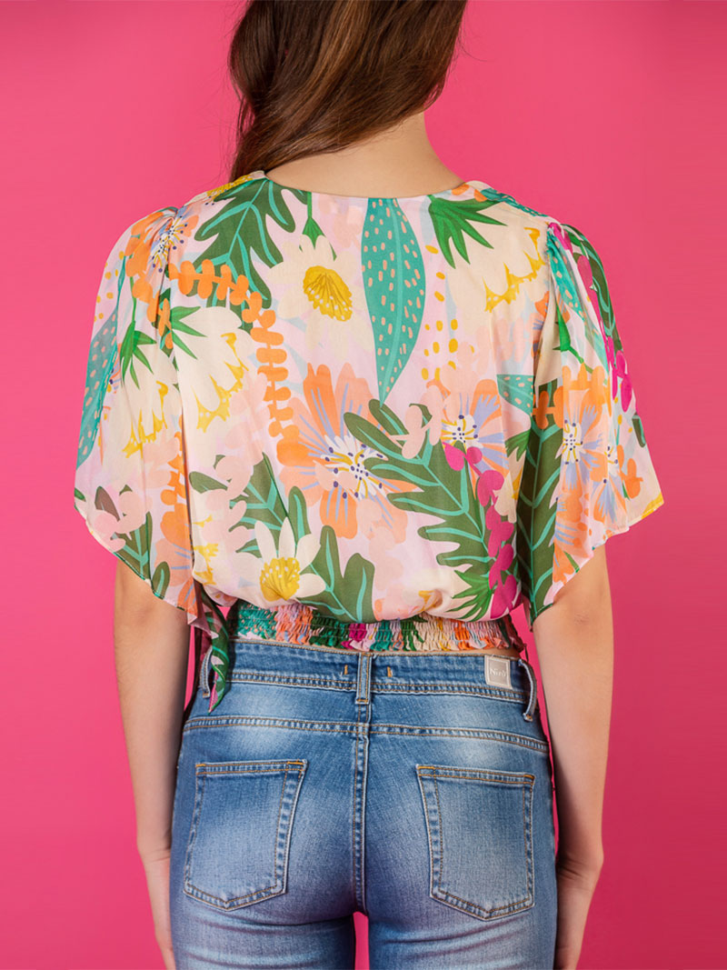 V-Neck Print Silk Blouse